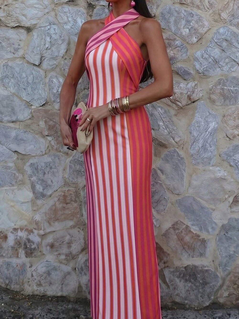Fuchsia Elegant Women's Multicolor Striped Dress - Picture 3 of 4